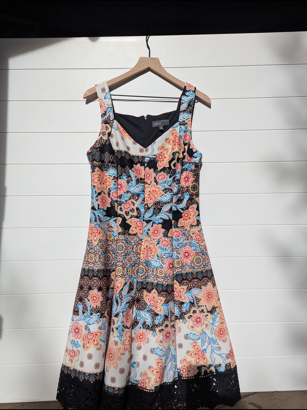 Donna Ricco Black Floral Midi Dress with Coral and Blue Accents